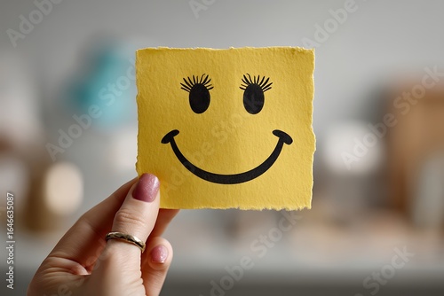 Wallpaper Mural A happy smiley face drawn on yellow paper, held up against a soft-focus background, evoking a cheerful and positive mood. Torontodigital.ca