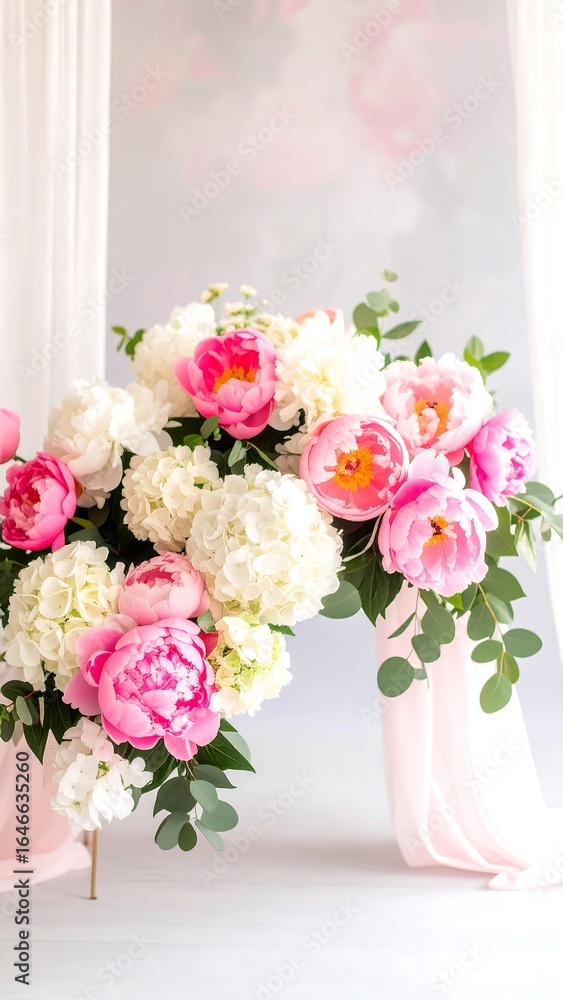 Obraz premium Lush pink and white peonies and hydrangeas arranged artfully against a soft pink backdrop