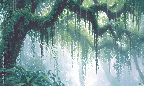 ILUSTRAÇÃO EM AQUARELA ETÉREA DE DOSSEL DE FLORESTA TROPICAL