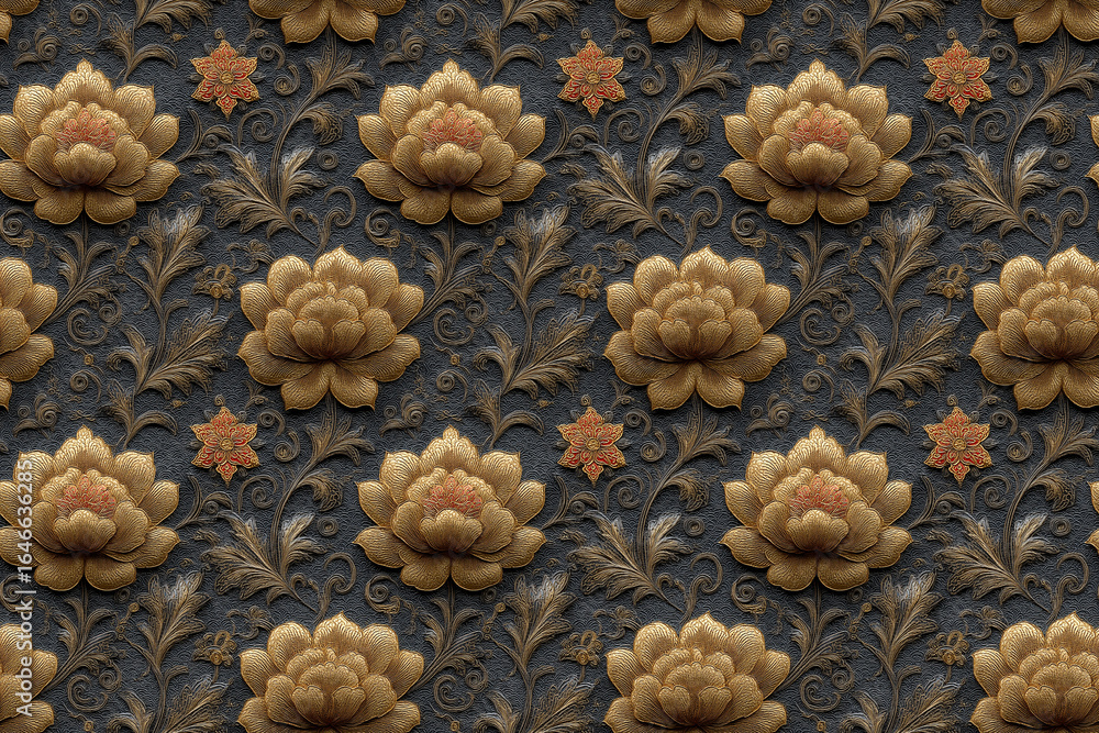 Obraz premium Traditional Thai Pattern with Golden Peonies and Vines,seamless pattern