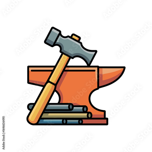 Hammer and anvil with metal bars illustration blacksmith forging