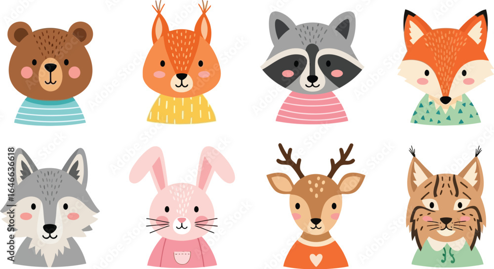 Naklejka premium Collection of eight cartoon forest animals wearing striped shirts