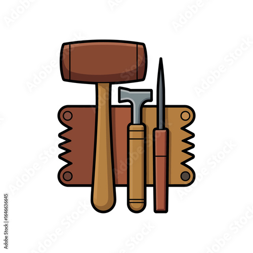 Leatherworking tools hammer awl and chisel on brown leather vector