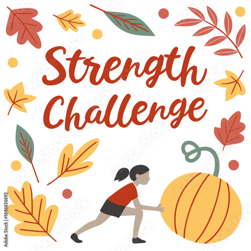 Autumn strength challenge featuring a girl exercising with a pumpkin surrounded by fall leaves and dots