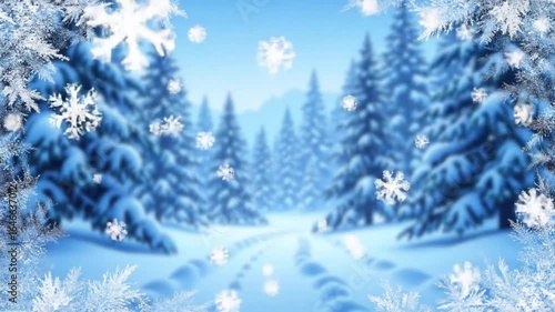 Snowy forest path with flakes