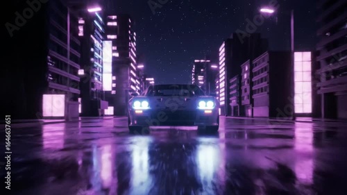 Front view of a car driving through city at night