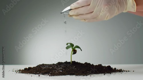 Gloved hand waters seedling in soil