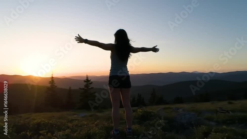 Silhouette of a woman with arms outstretched at sunset