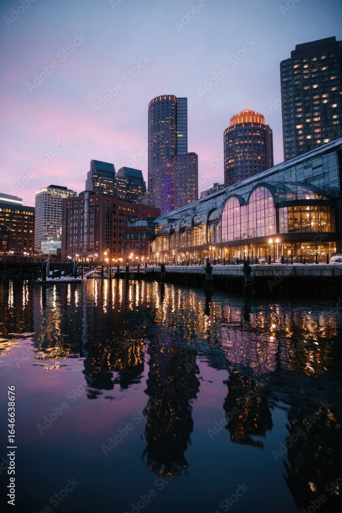 Fototapeta premium City skyline at twilight reflected in water