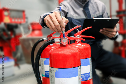 Engineers are checking and adjusting fire extinguishers in fire protection systems.
