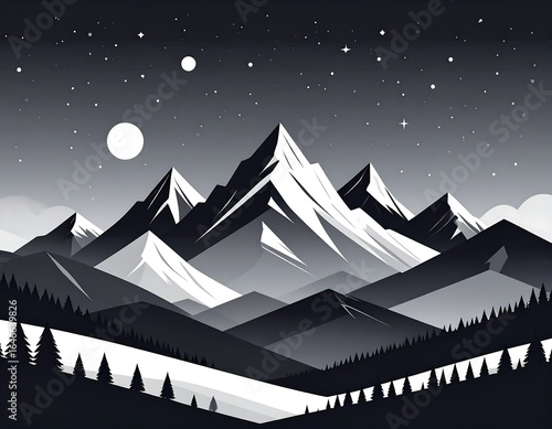 Monochromatic mountain range under a night sky, featuring a large moon and scattered stars