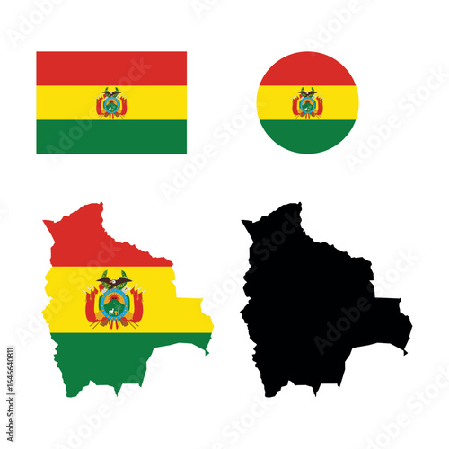 bolivia national flag and map silhouettes set including rectangle, circle, colored and black design elements