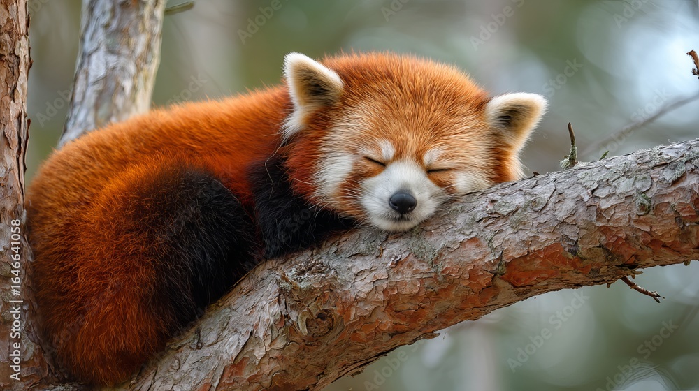 Fototapeta premium A sweet red panda napping peacefully on a tree branch in a serene forest setting.