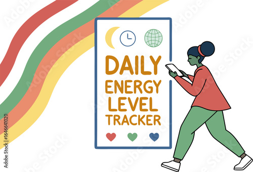 Woman uses a mobile app to track her daily energy levels visualized with icons for time and global activity and heart symbols