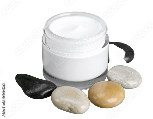Close-Up Angled View of Day Spa Set with Facial Mask Jar and Smooth Stones