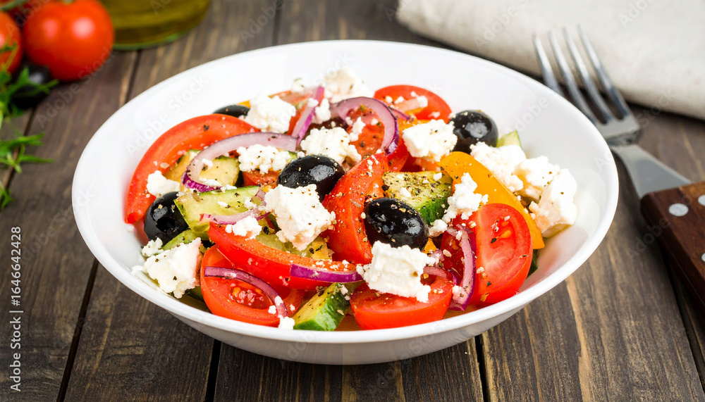 Greek Salad: A vibrant, close-up shot showcases the fresh ingredients and textures of a classic Greek salad, a visual feast for food enthusiasts. Greek Salad: A vibrant, close-up shot showcases the fresh ingredients and textures of a classic Greek salad, a visual feast for food enthusiasts.