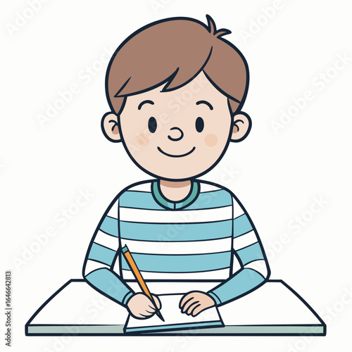 Cute Boy Writing in Notebook Vector Illustration