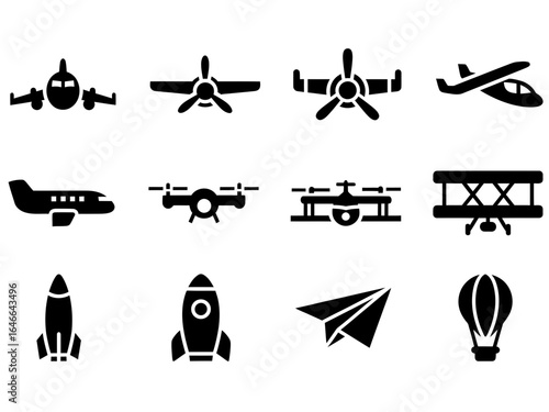 Simple glyph icon set of various aircraft and aviation vehicles for air transport and travel concepts.