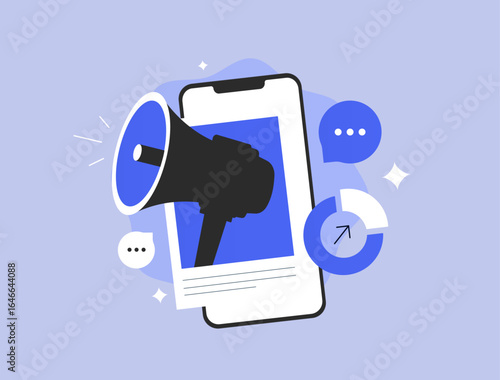 Social media marketing strategy with smartphone, megaphone, social media engagement chat bubbles, audience communication. Brand promotion for digital marketing campaigns, vector illustration