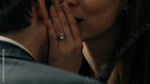 Confidential Moment: Elegant Woman Whispering Secret to a Man with Engagement Ring