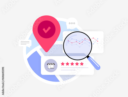 Local SEO analytics with location pin, magnifying glass, customer review rating. Local business visibility, online reputation and performance tracking for seo marketing strategy, vector illustration
