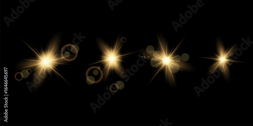 Set. Shining star, the sun particles and sparks with a highlight effect, golden bokeh lights glitter and sequins. On a dark background transparent. Vector, EPS10