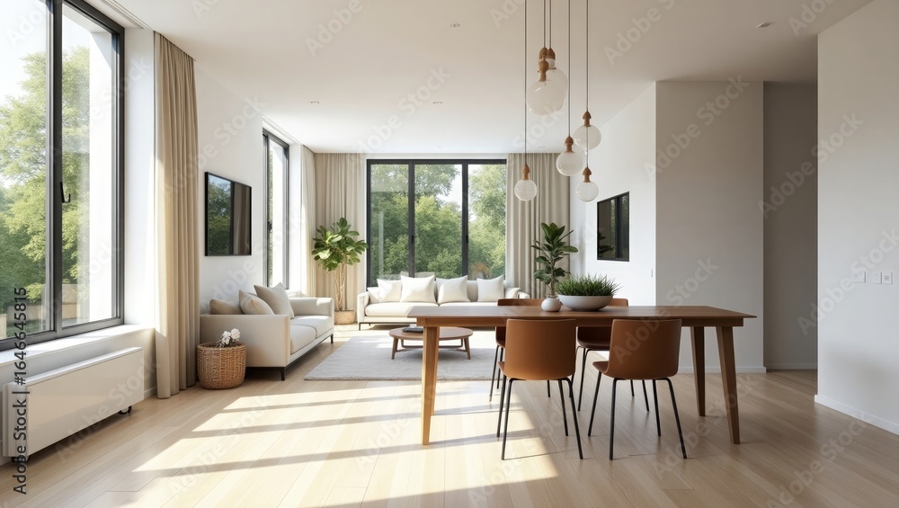 Fototapeta premium Bright modern living and dining room with large windows