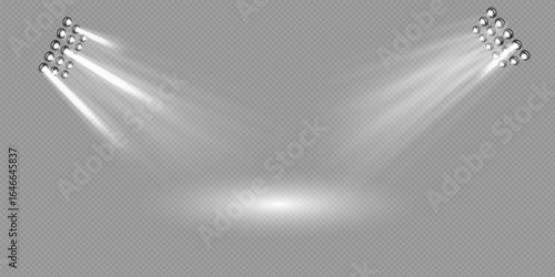 Stadium floodlight isolated set of LED strobe lights for lighting stage, stadium, podium, advertising presentations.