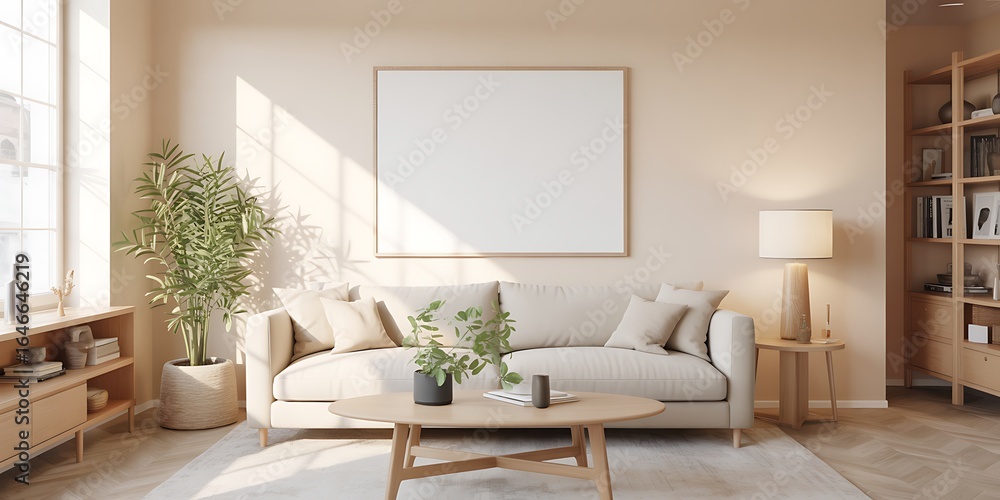 Fototapeta premium Scandinavian inspired living room with beige sofa blank picture frame plants and wooden furniture