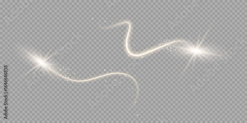 Abstract vector glowing magic star light effect from the neon blur of curved lines. Glittering stars dust trail from the .flying comet on a transparent background.