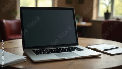 Laptop and notebook on a wooden table with blurred background