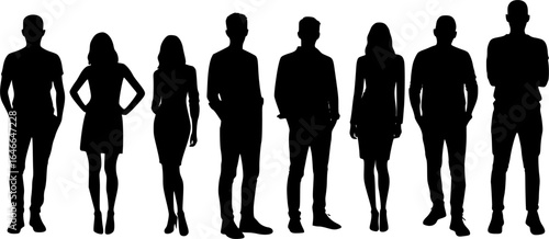 Vector silhouettes men and women, illustration. Silhouettes of young people posing in casual clothes. EPS version.