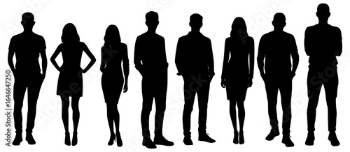 Vector silhouettes men and women, illustration. Silhouettes of young people posing in casual clothes. JPEG version.