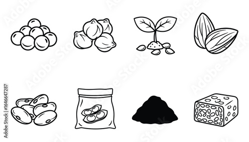 Collection of soybean foods including tofu, tempeh, sprouts, beans, and powder. Black and white vector graphic.