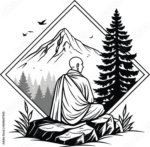 Meditation Monk in Serene Mountain Landscape with Pine Trees, Birds, and Diamond Frame – Peaceful Nature Retreat Illustration for Mindfulness and Spiritual Calm