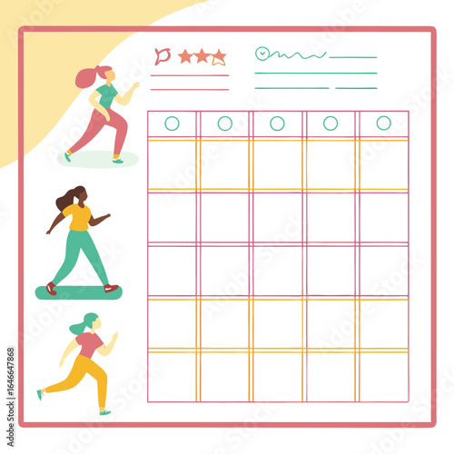 Diverse individuals engaging in fitness activities tracking progress on a colorful grid calendar promoting healthy lifestyle habits and goal achievement