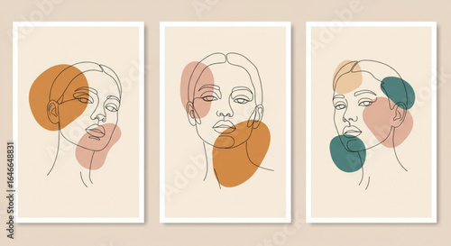 Elegant abstract line art portraits featuring diverse women with minimalist color splashes, modern decor