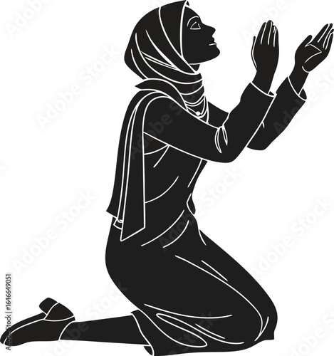 Silhouette of Person Kneeling in Prayer with Raised Hands and Headscarf for Faith, Supplication, and Spiritual Concepts
