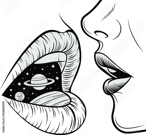 Surreal Black and White Illustration of Two Human Profiles with Open Mouth Revealing Outer Space Scene Featuring Planets and Stars for Imagination, Expression, and Cosmic Concepts