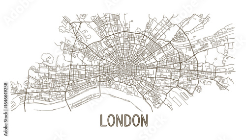 Detailed brown line drawing of the London city map. Urban street plan Vector Illustration.