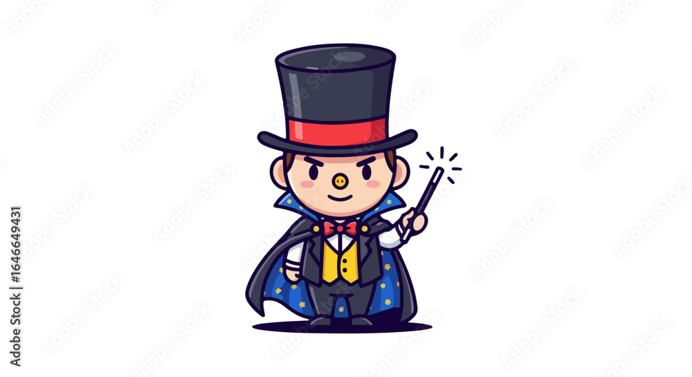 Fototapeta premium Charming cartoon magician VECTOR illustration presenting a whimsical performance with his magic wand, perfect for adding a touch of enchantment and wonder.