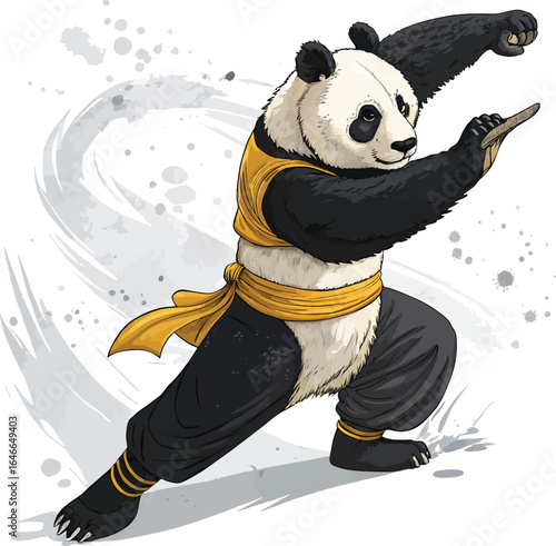 Anthropomorphic Martial Arts Panda in Yellow Belt and Fighting Stance with Abstract Brush Stroke Background for Action, Character Design, and Asian Culture Concepts