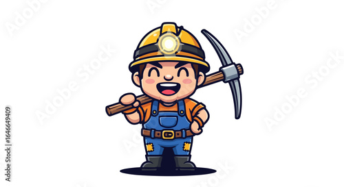 Happy cartoon miner character holding a pickaxe, a cute soil digger mascot for excavation work, isolated professional VECTOR illustration.