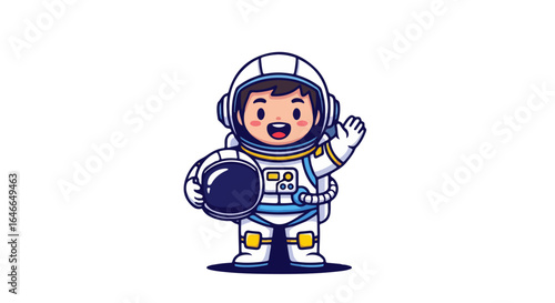 Cute cartoon astronaut waving hand, holding helmet, space explorer character mascot VECTOR illustration from the ASTRONOT.svg concept