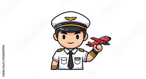 Vibrant Vector Artwork of a Cartoon Pilot in Uniform, Enthusiastically Holding a Bright Red Toy Airplane, Capturing the Spirit of Aviation and Flight Dreams.