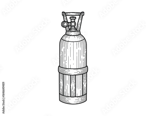 Detailed cylindrical oxygen tank featuring a valve and a base, rendered in an engraved style. Black and white Vector Illustration