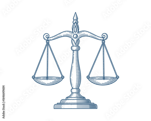 Detailed engraved illustration of scales of justice, symbol of balance, law, and legal system. Vector Illustration.