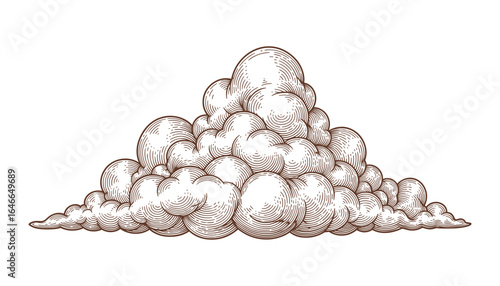 Detailed engraved style cloud shape with decorative textures. Brown color weather element. Vector Illustration.