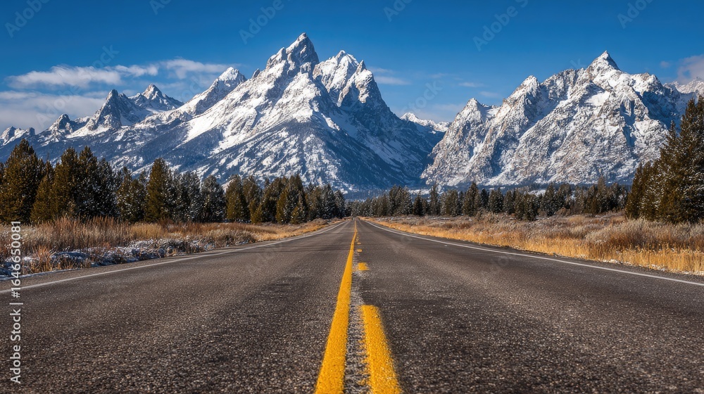 Naklejka premium Scenic highway leading to snow-capped mountains