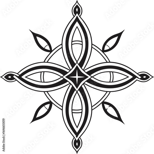 Black and White Mandala-Inspired Geometric Illustration Featuring Leaf-Like Shapes, Central Diamond, and Star Motif for Decorative, Spiritual, and Graphic Design Concepts